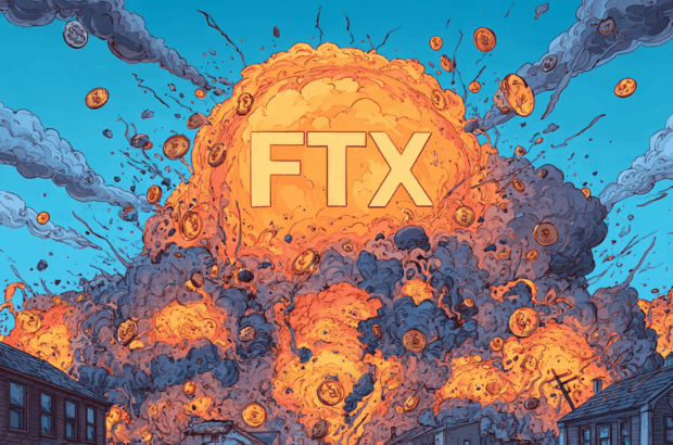 Make me an illustration of FTX Crypto company thowing out crypto coins